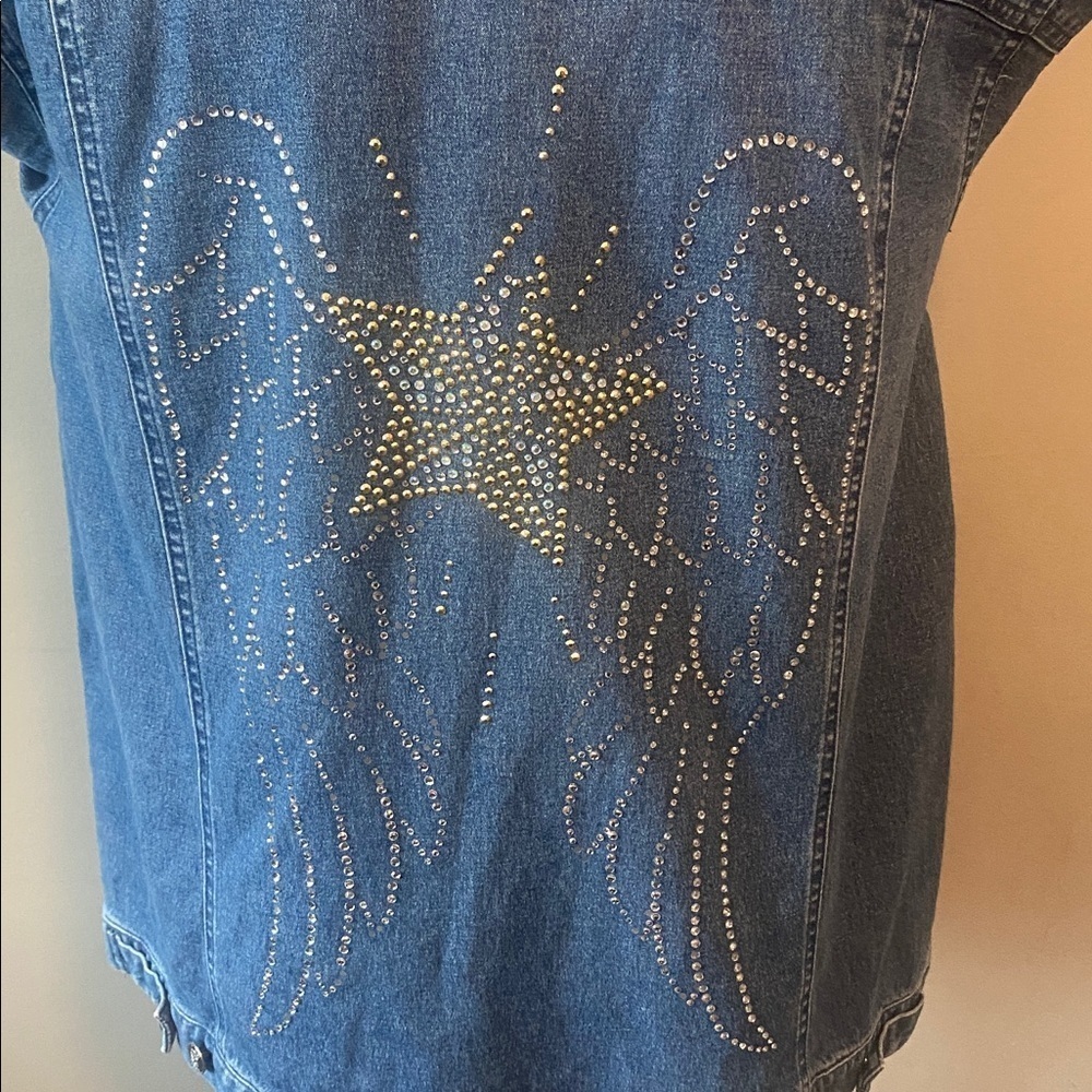 Quacker Factory Blue Bling Embellished Rhinestone Studded Jean Jacket Wings Star